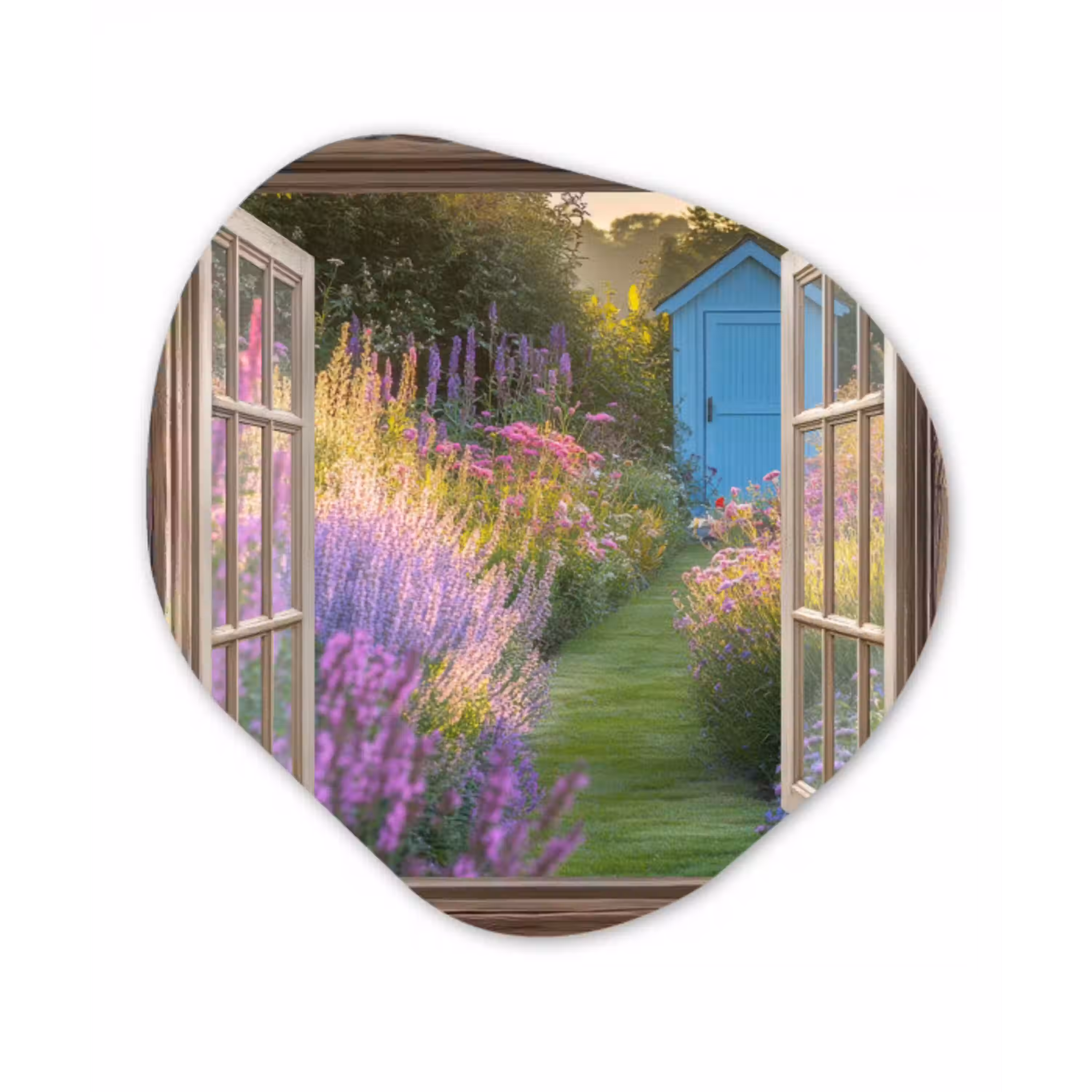 Doorkijk - Bloemen - Raam - Natuur Wandcirkel Organisch Aluminium middel -3d