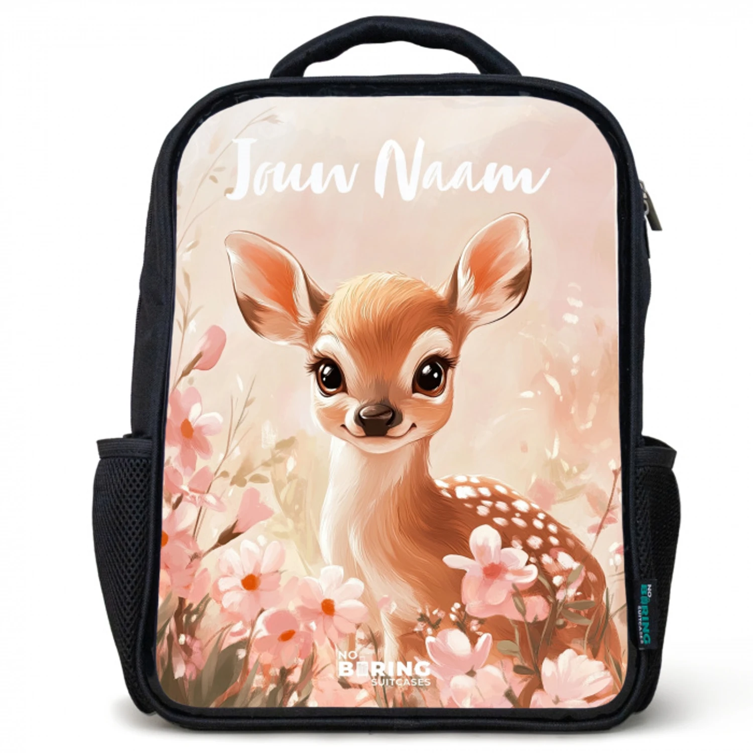 Hertje - Bloemen - Stippen - Roze Rugzak - Zwart middel -3d