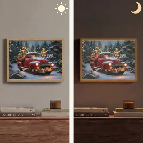 Kersttruck - Sneeuwbos - Rood Light Box met batterij (Wandlamp) middel -sfeer3