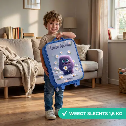 Paars Pluizig Vriendje met Madelief Kinderkoffer - Blauw klein -sfeer2_NL