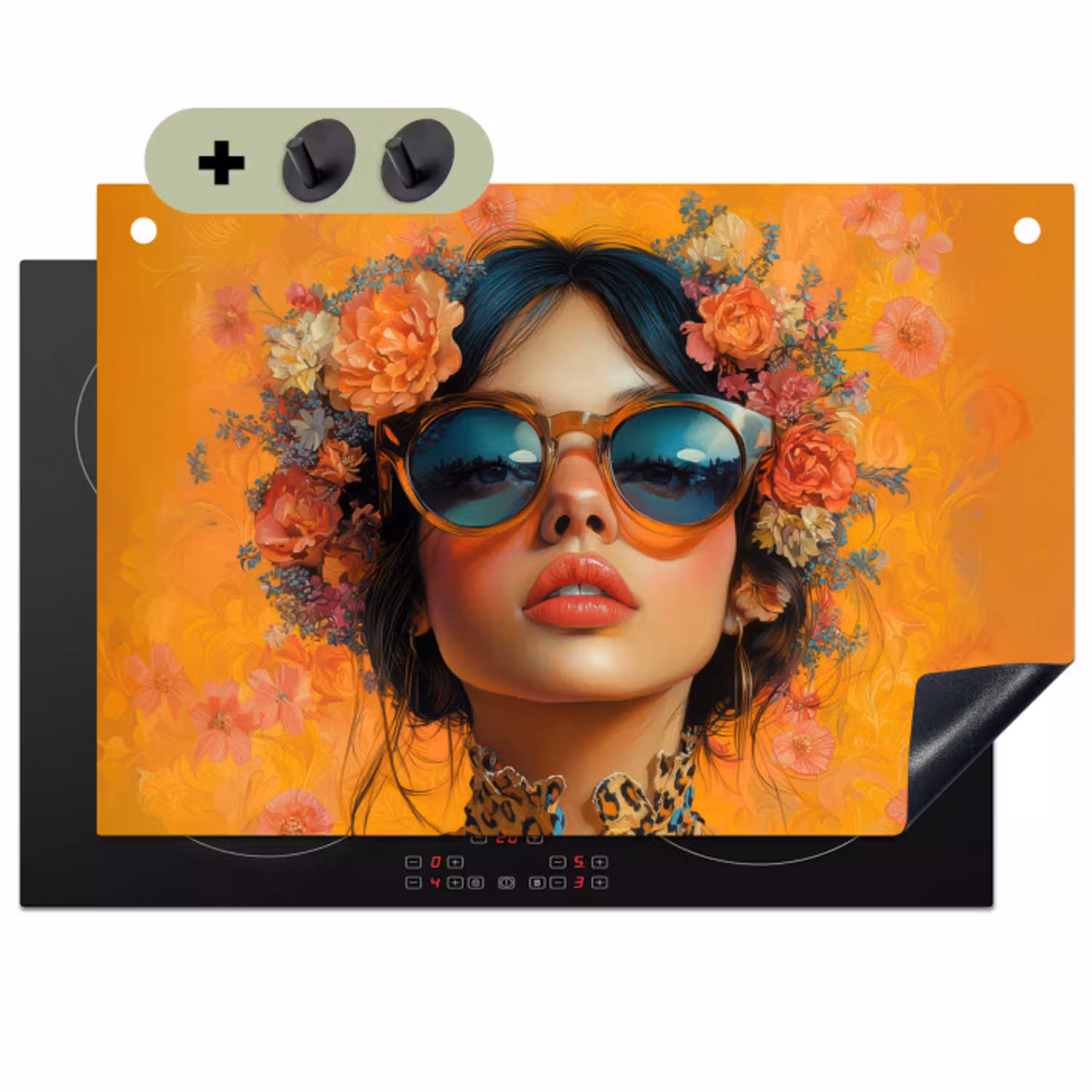 Vrouw - Bloemen - Aesthetic - Oranje Inductie beschemer met haakjes klein -3d