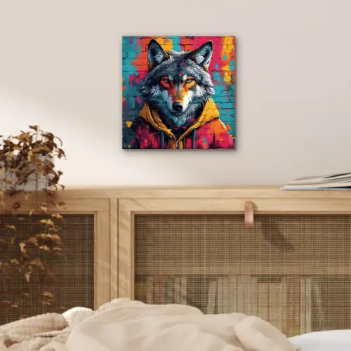 Graffiti - Wolf - Street art - Blauw aluminium wit klein -sfeer3