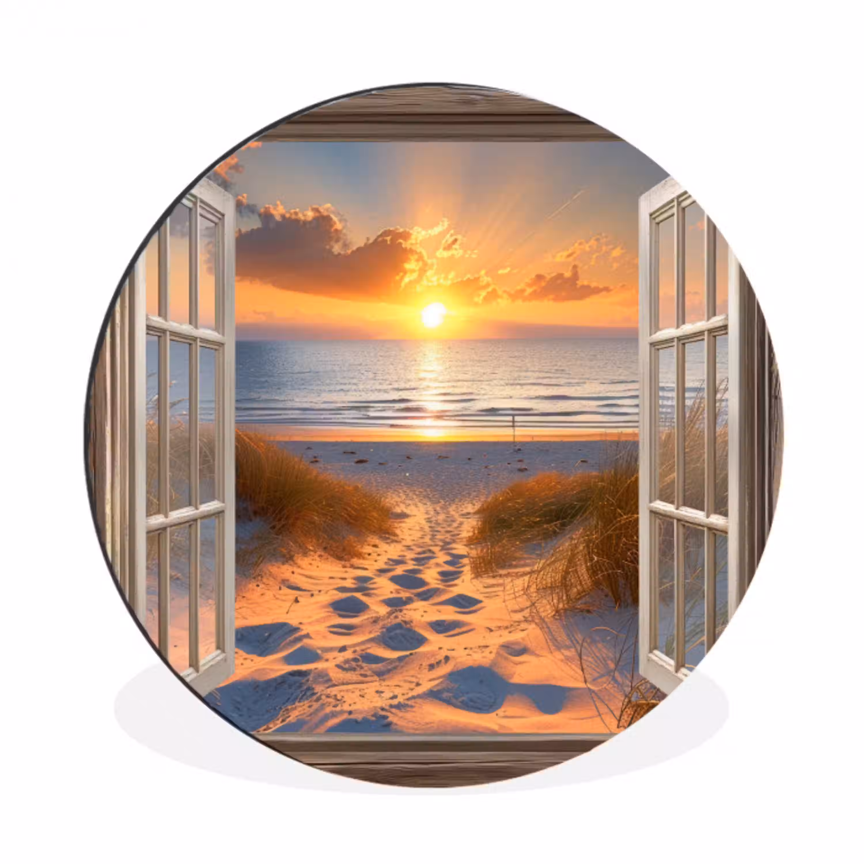 Doorkijk - Strand - Duinen - Zonsondergang Wandcirkel aluminium klein -3d