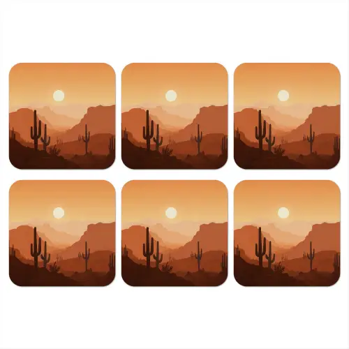 Landschap - Woestijn - Cactussen - Zon onderzetter kurk middel -3d