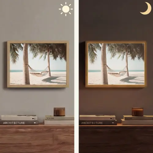 Hangmat - Palmbomen - Strand - Zee Light Box met batterij (Wandlamp) middel -sfeer3