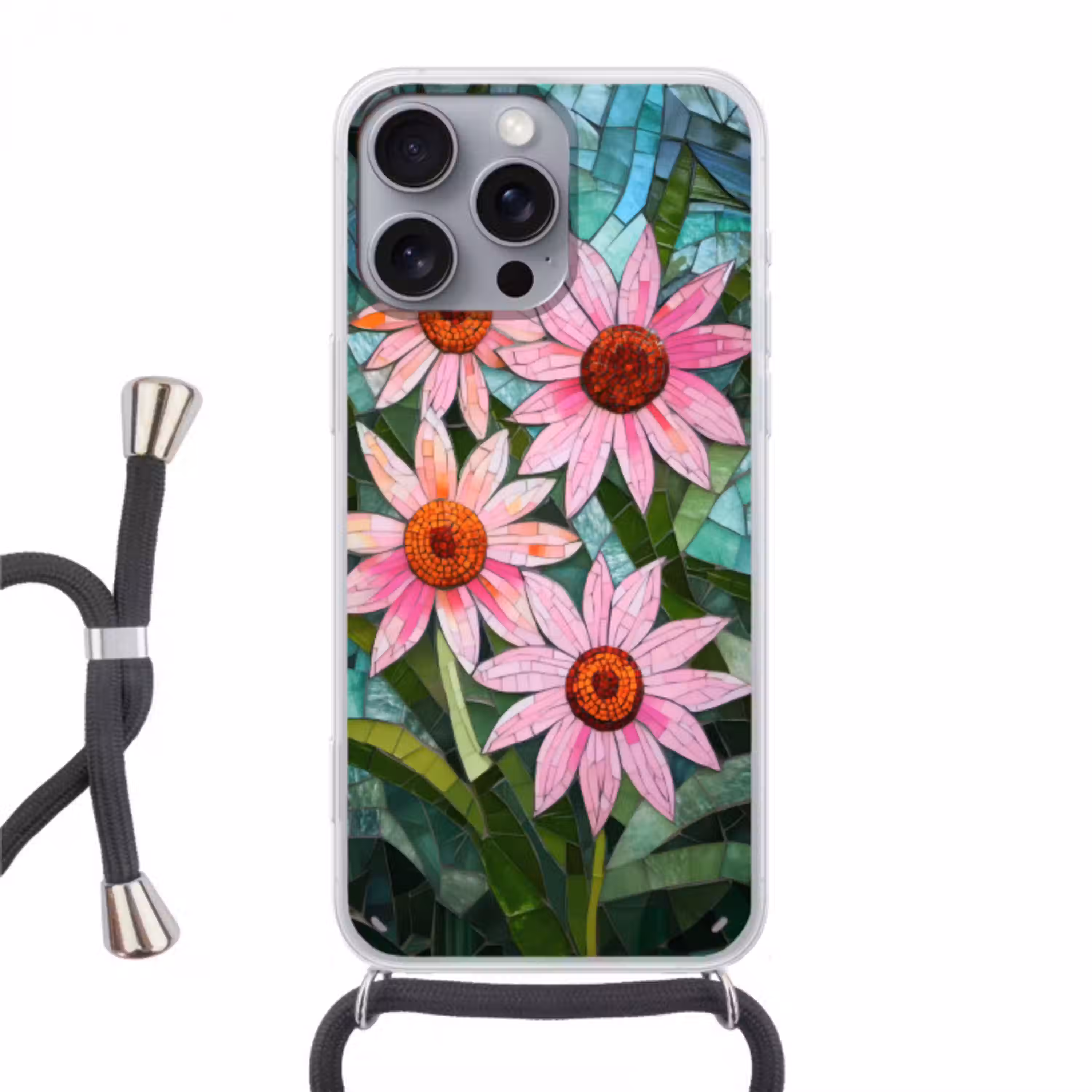 Bloemen - Roze - Glasmozaïek Hoesje iPhone 16 Pro Max met koord klein -3d