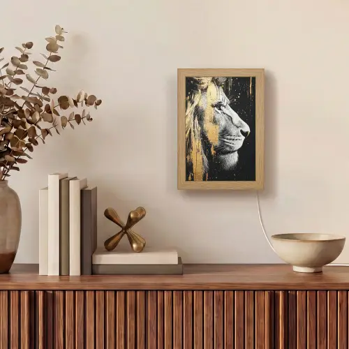 Portret - Leeuw - Abstract - Goud Light Box met kabel (Tafellamp) klein -sfeer2