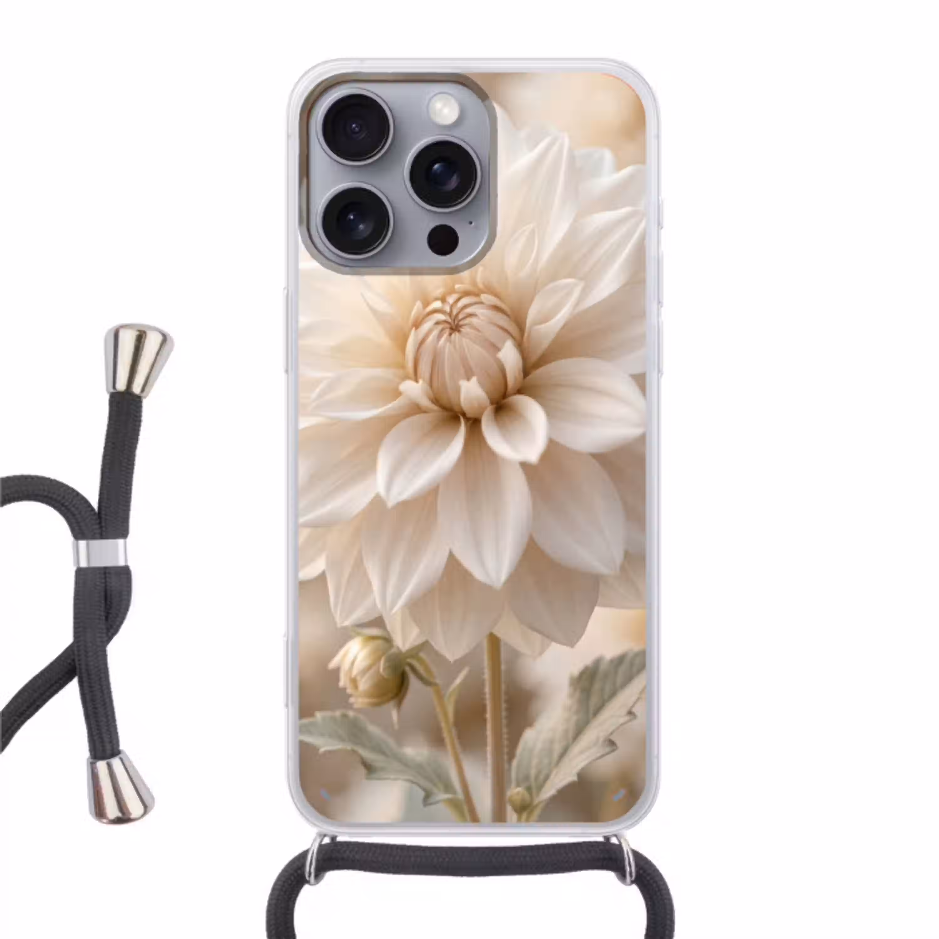 Bloem - Dahlia - Wit Hoesje iPhone 16 Pro Max met koord klein -3d