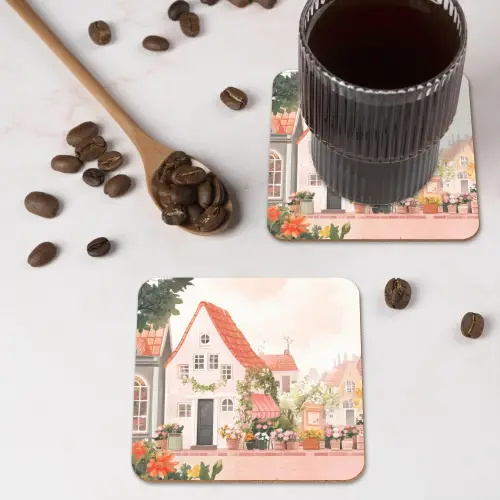 Bloemen - Huizen - Dorp onderzetter kurk middel -sfeer2
