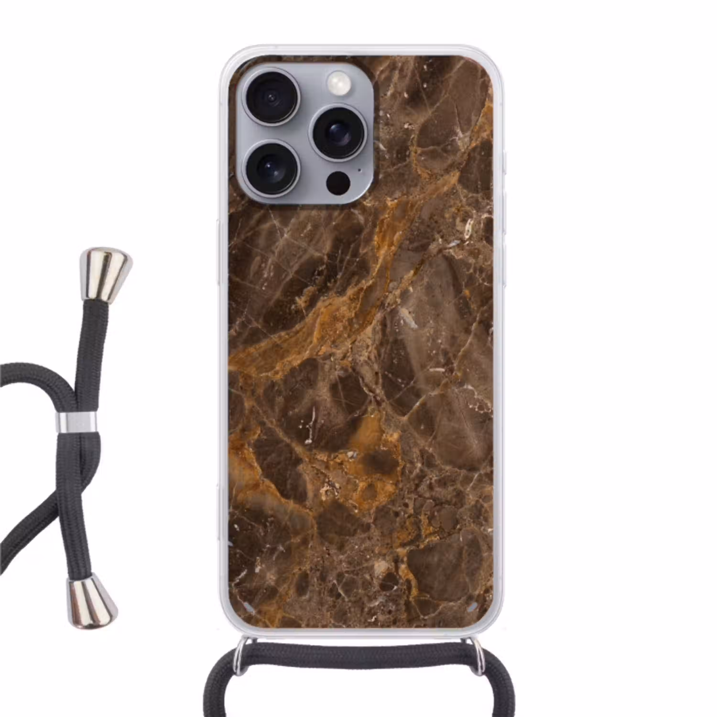 Marmer - Patroon - Natuur - Bruin - Goud Hoesje iPhone 16 Pro Max met koord klein -3d