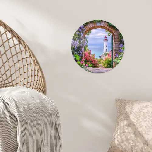Doorkijk - Vuurtoren - Bloemen - Uitzicht Wandcirkel behangsticker klein -sfeer4