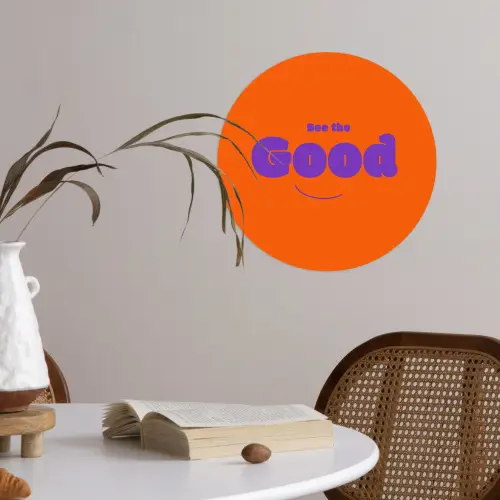 See the good - Paars - Oranje - Smiley Wandcirkel behangsticker klein -sfeer3