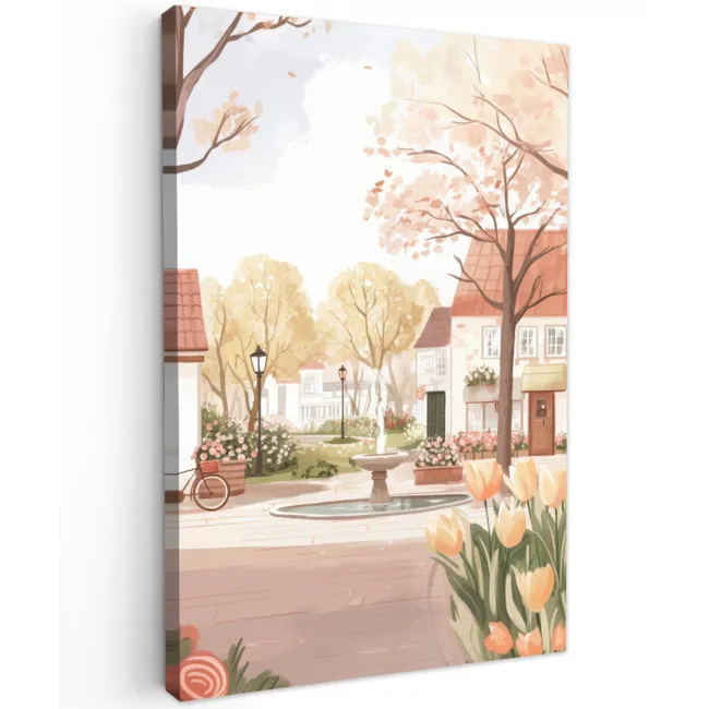 Dorpsplein - Fontein - Tulpen Tuinposter op houten frame 2 cm dik klein -3d