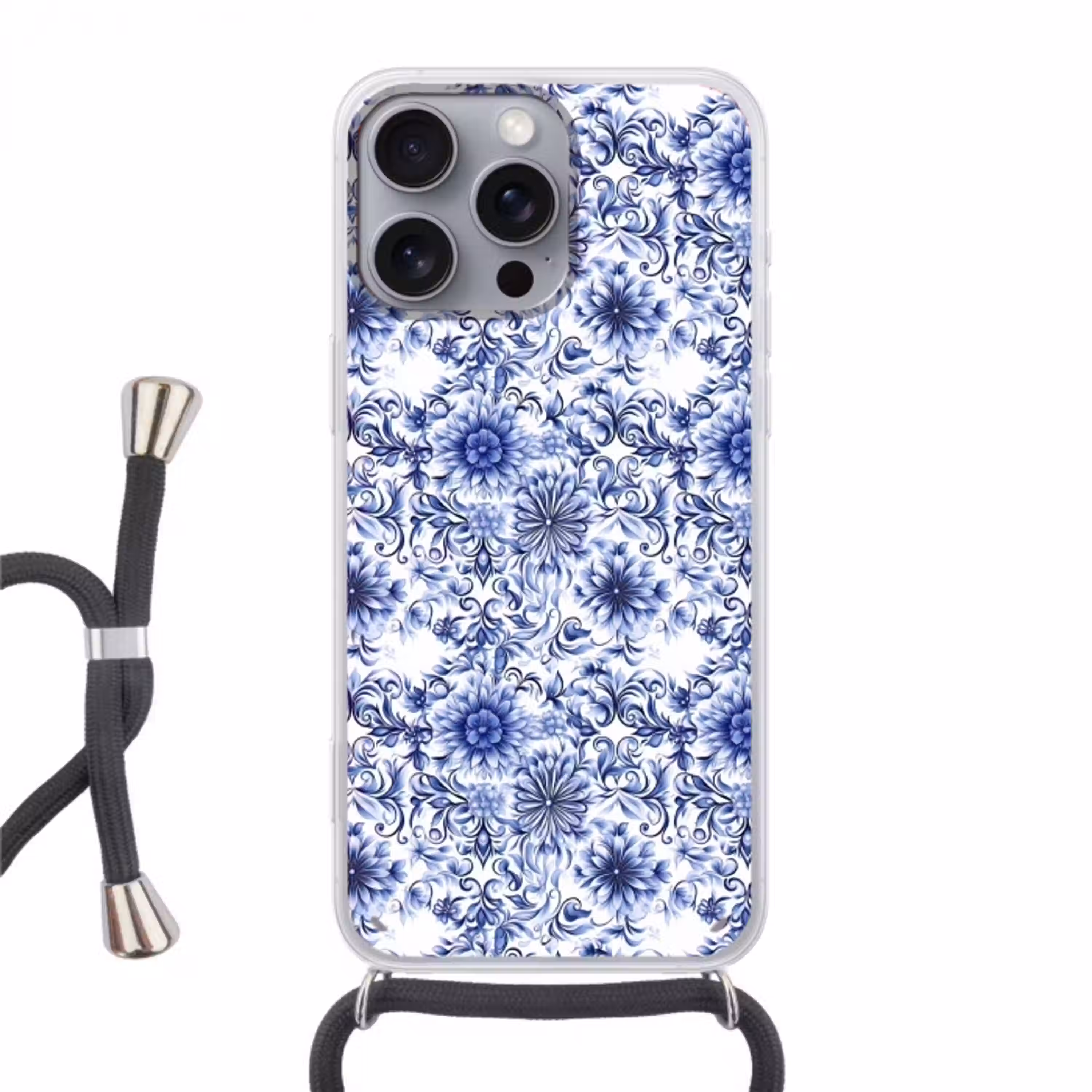 Bloemen - Blauw - Patroon - Wit Hoesje iPhone 16 Pro Max met koord klein 804 -3d