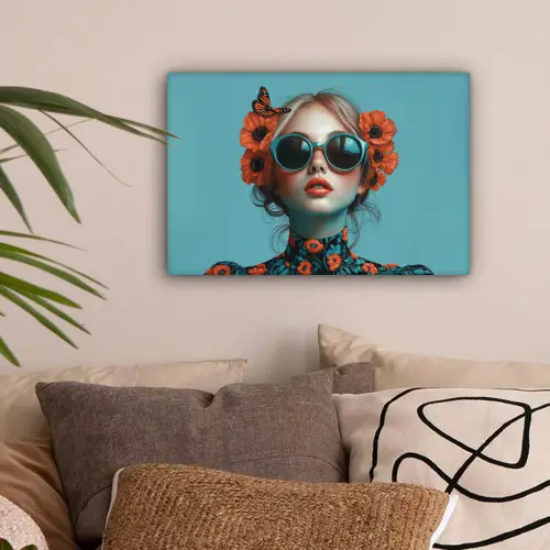 Vrouw - Blauw - Vlinder - Bloemen - Aesthetic canvas 2cm klein -sfeer1