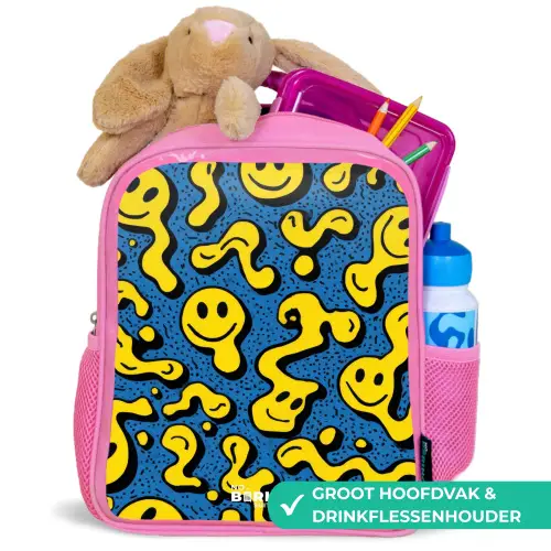 Smiley - Geel - Blauw Kinderrugzak - Roze middel -inhoud_NL