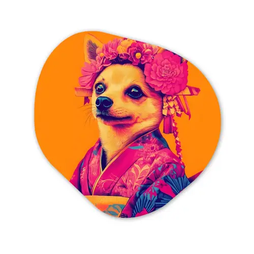 Kimono - Hondje - Bloemenkroon - Oranje Wandcirkel Organisch Aluminium middel -3d