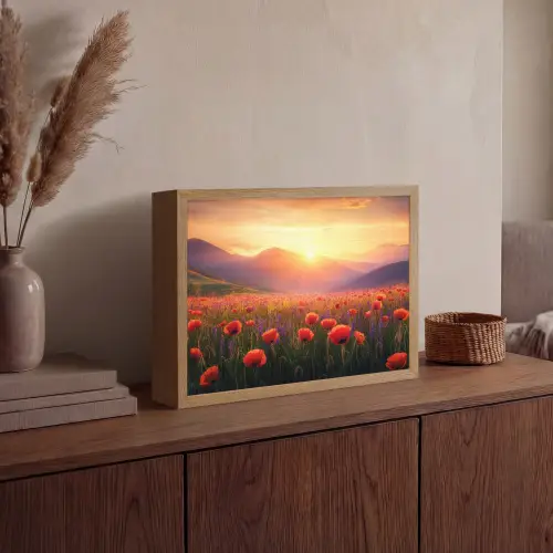 Landschap - Zonsondergang - Bloemenveld Light Box met batterij (Wandlamp) middel -sfeer2