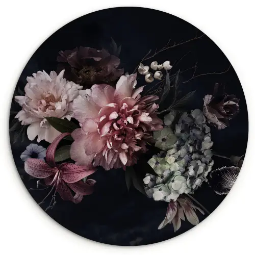 Bloemen - Vintage - Pastel - Zwart - Boeket Wandcirkel kunststof plaat 5mm dik klein -3d