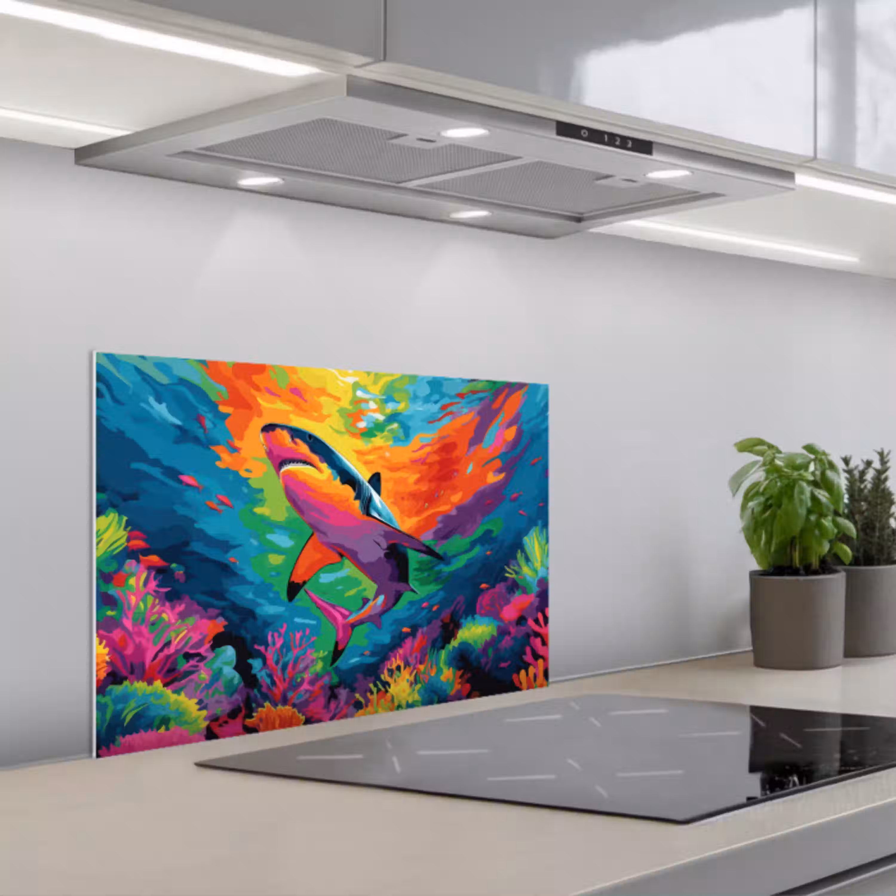 Haai - Koraalrif - Abstract - Kleurrijk keuken achterwand spatscherm klein -3d_schuin