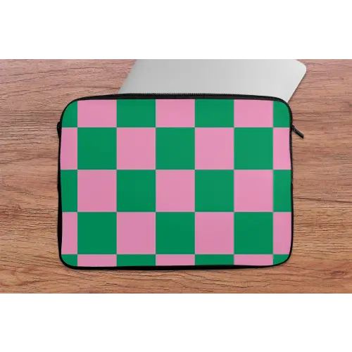Schaakbord patroon - Groen - Roze - Blokjes laptophoes neopreen klein -tafel