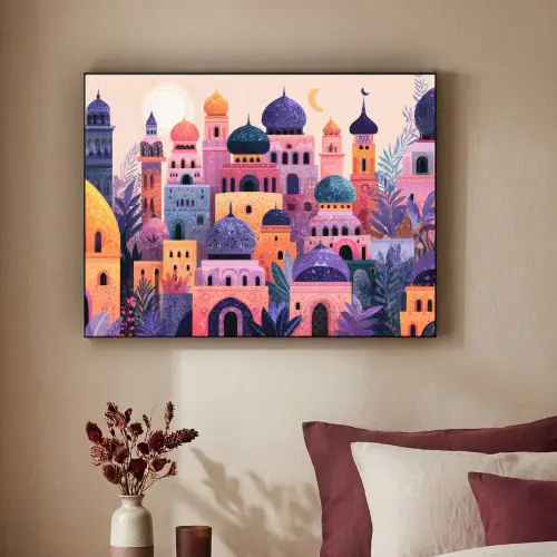 Kleurrijke stad - Zon - Islamitisch Textielframe zwart klein -sfeer1
