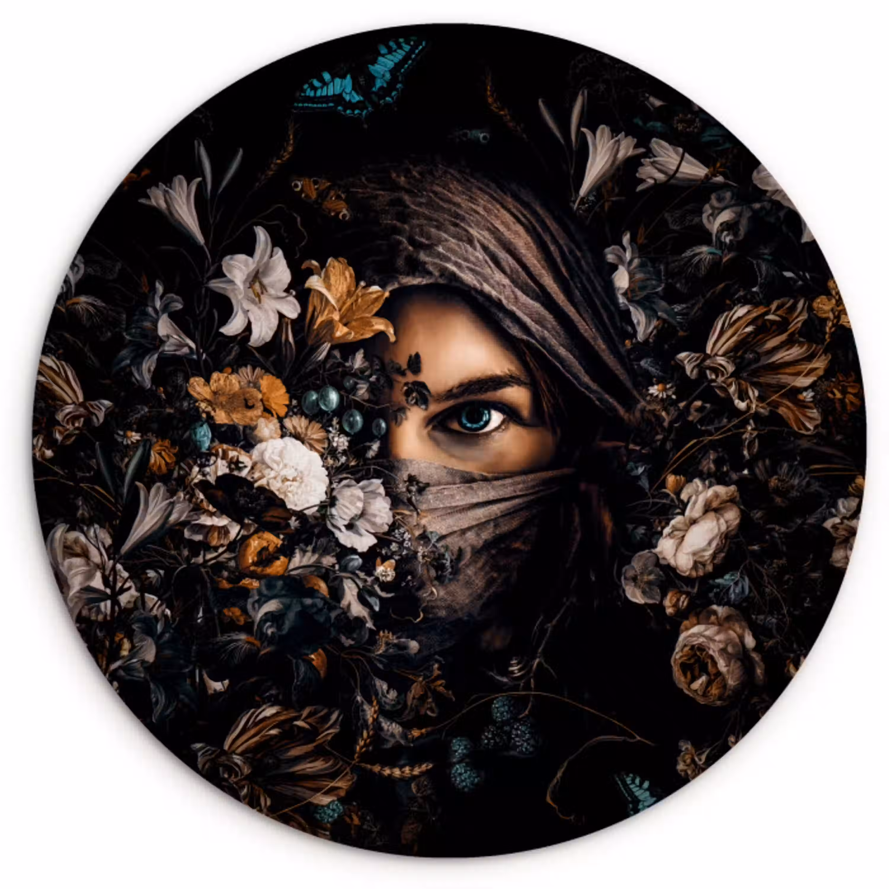 Vrouw - Luxe - Bloemen - Vlinder - Portret Wandcirkel kunststof plaat 5mm dik klein -3d