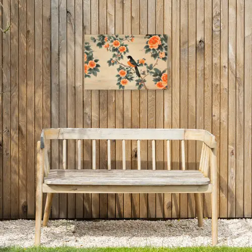 Vogel - Tak - Bloemen - Oranje Tuinposter op houten frame 2 cm dik klein -sfeer4