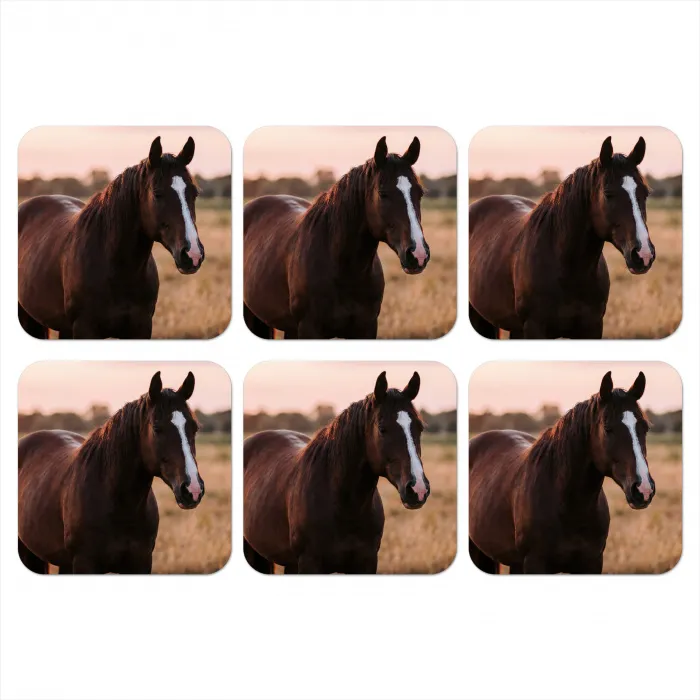 Paard - Zonsondergang - Bruin onderzetter kurk middel -3d