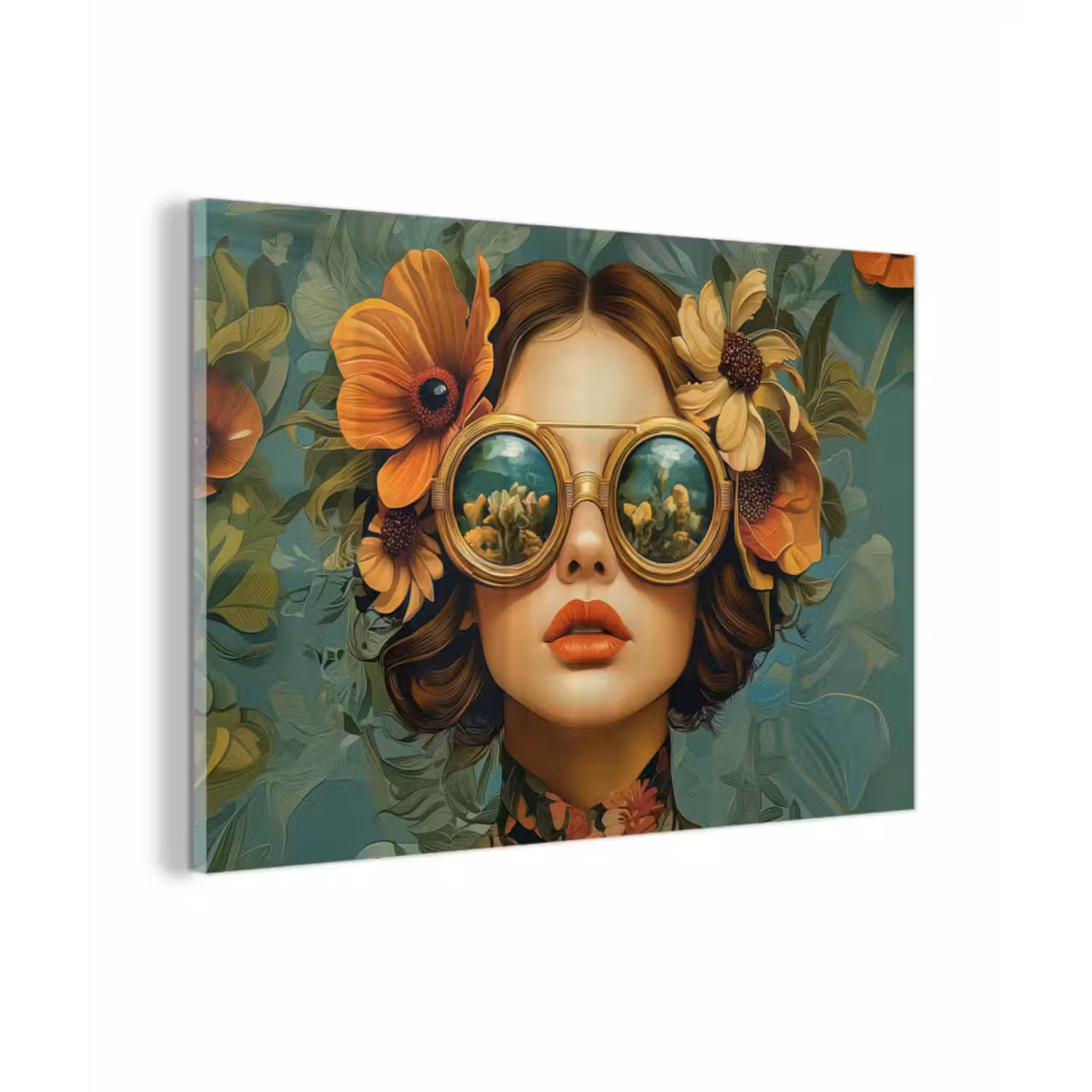 Glas schilderij - Vrouw - Bloemen - Vlinders - Natuur - Vintage