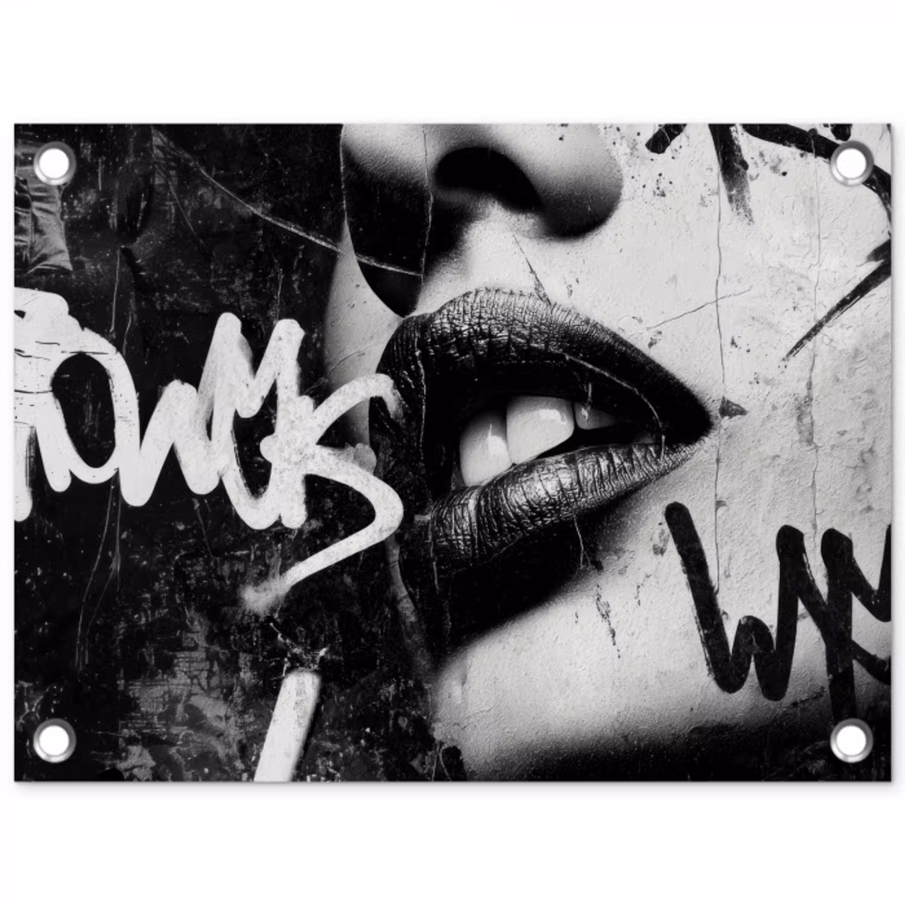 Gezicht - Mond - Graffiti - Zwart tuinposter los doek klein -3d