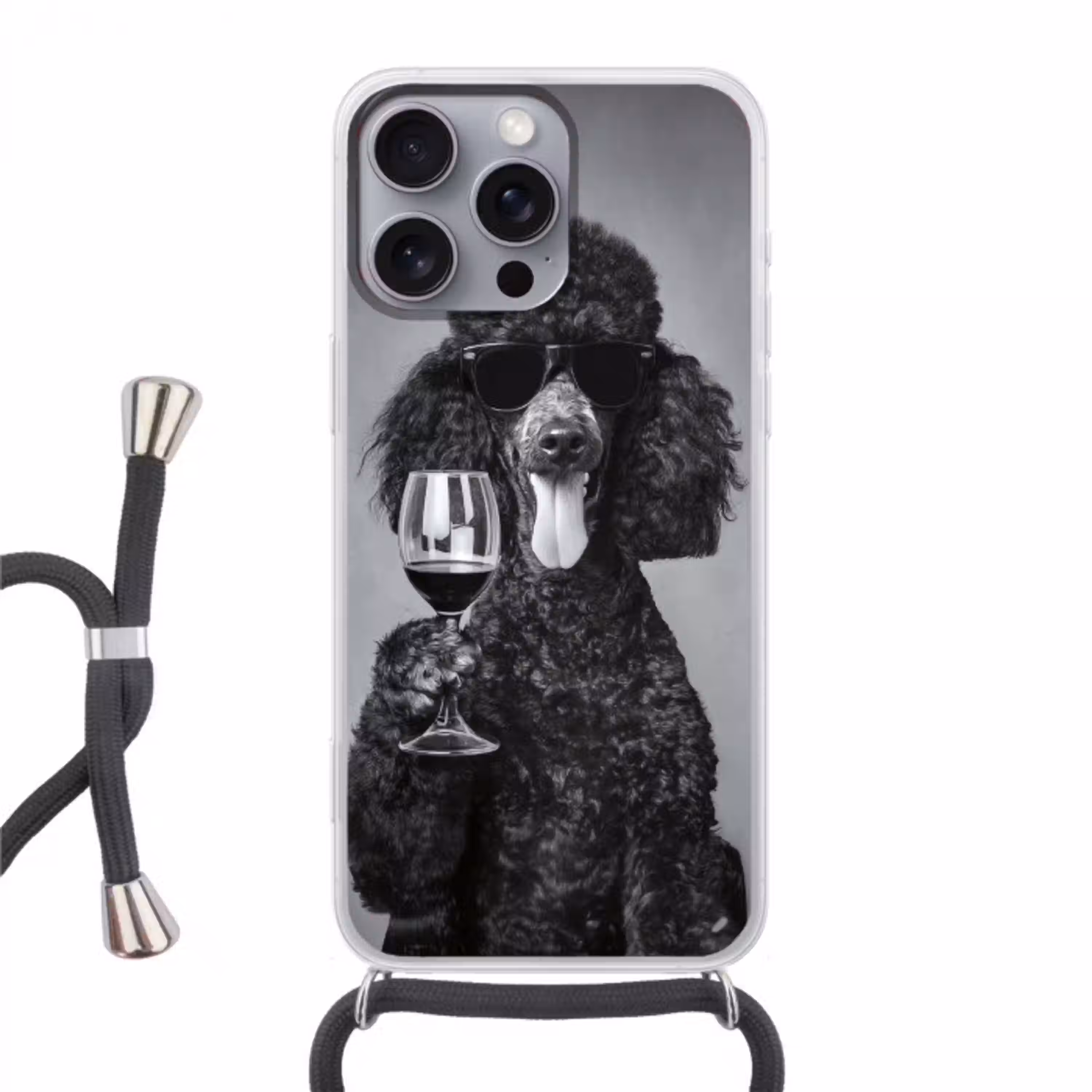 Hond - Krullen - Zonnebril - Wijn Hoesje iPhone 16 Pro Max met koord klein -3d
