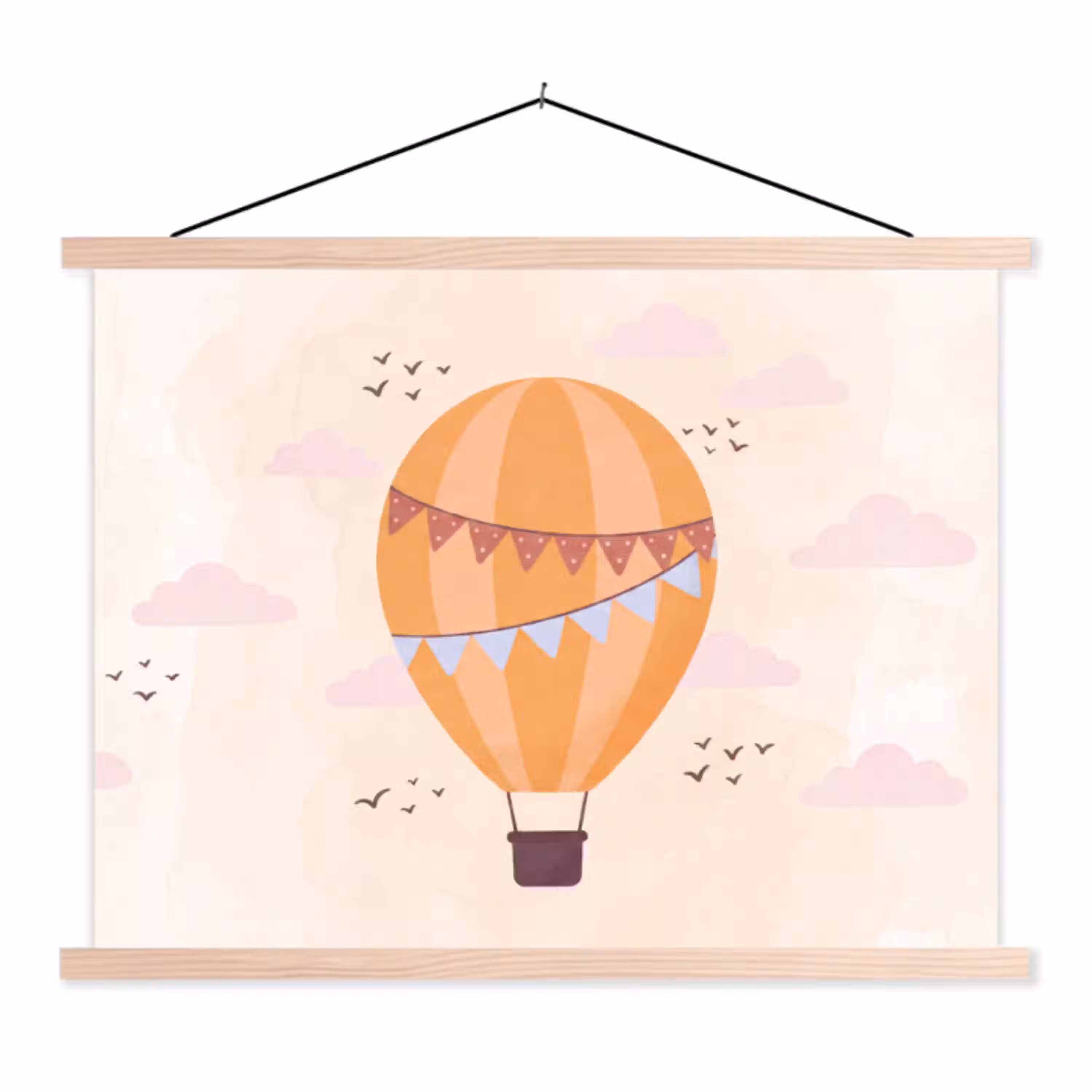 Luchtballon - Slingers - Avontuur - Illustratie - Oranje textielposter latten blank klein -3d