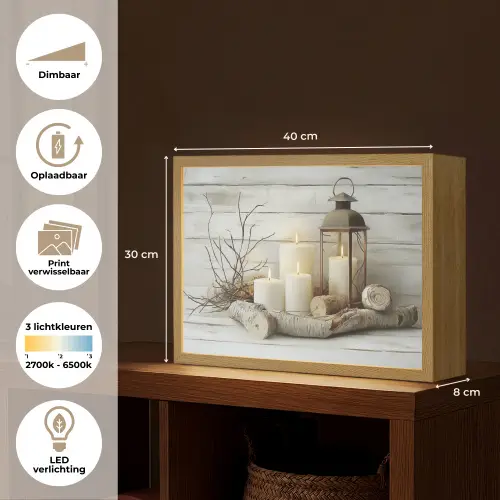 Stilleven - Wit - Kaarsen - Rustiek - Natuur Light Box met batterij (Wandlamp) middel -USP_websiteoverzichtNL