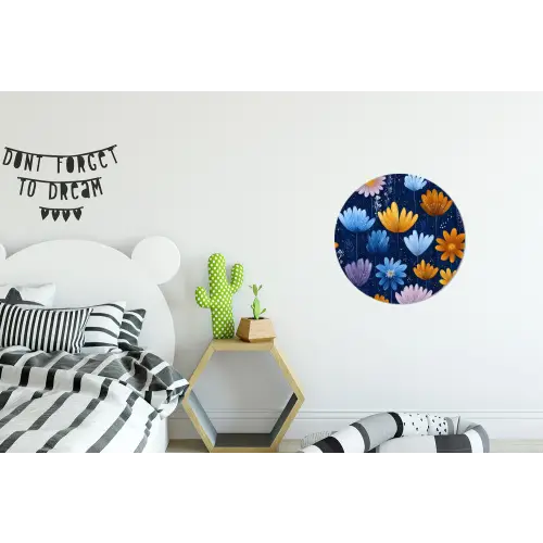 Bloemen - Patroon - Blauw - Contrast Wandcirkel aluminium klein -kinderkamer