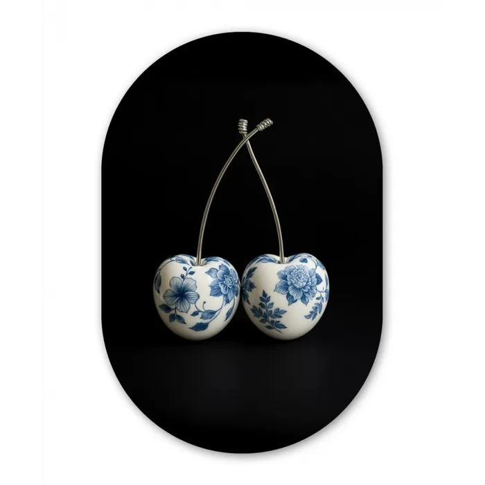 Kersen - Delfts blauw - Fruit Wandcirkel Ovaal Glas middel -3d