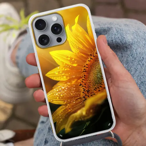 Zonnebloem - Dauwdruppels - Geel - Zonlicht Hoesje iPhone 16 Pro Max met koord klein -sfeer3