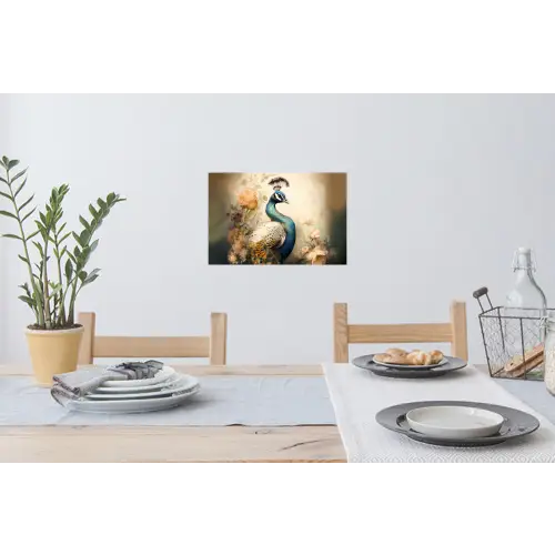 Pauw - Pauwenveren - Bloemen - Vogels - Botanisch Muursticker klein -eettafel