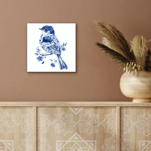 Vogel - Delfts blauw - Illustratie - Bloemen aluminium wit klein -sfeer4
