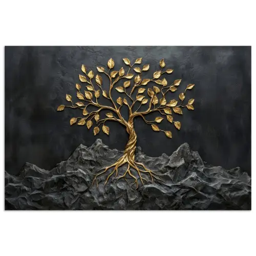 Bladeren - Goud - Boom - Rots poster papier klein -3d