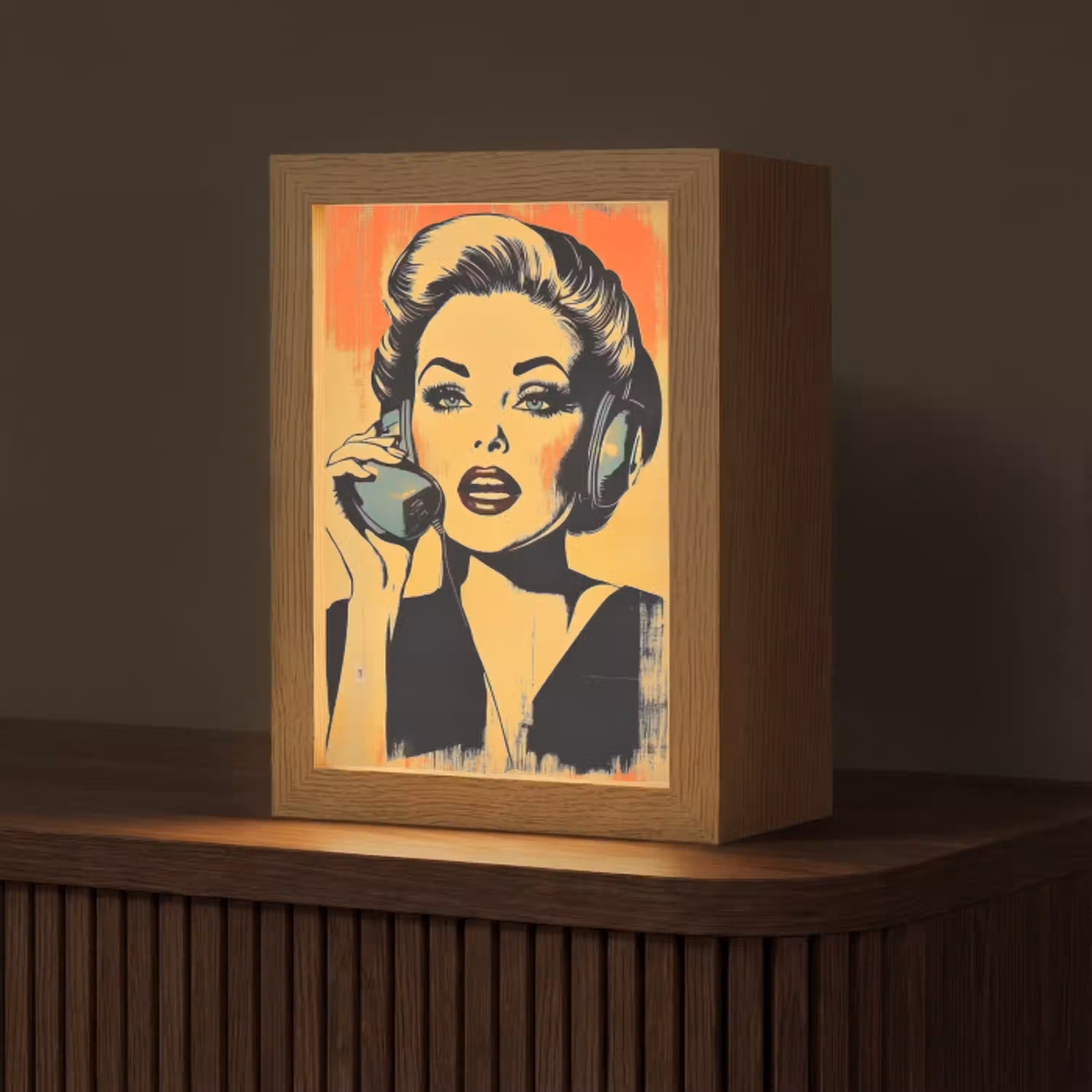 Retro - Vrouw - Koptelefoon - Oranje Light Box met kabel (Tafellamp) klein -z3d_website