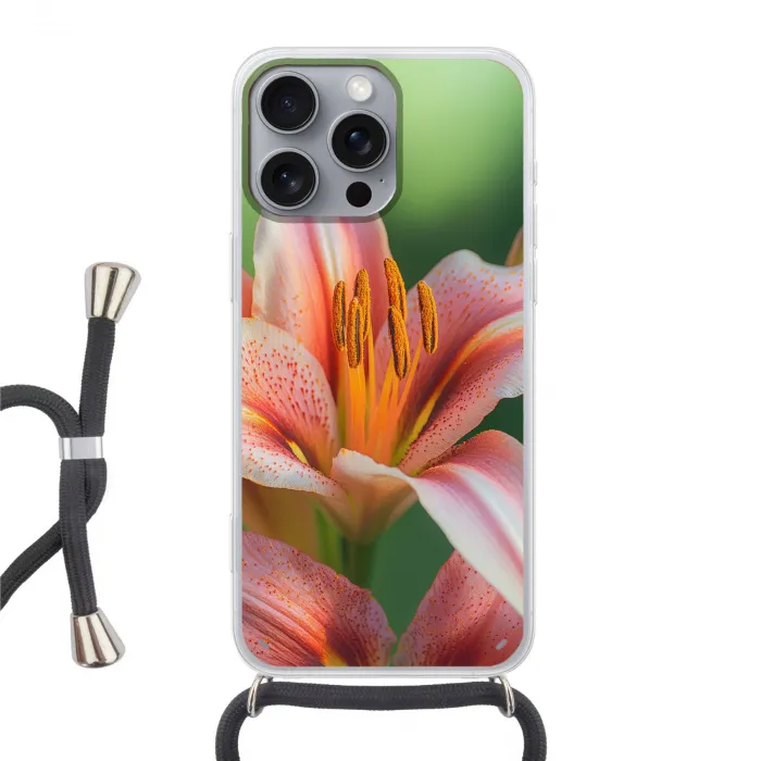 Lelie - Close up - Lichtroze Hoesje iPhone 16 Pro Max met koord klein -3d