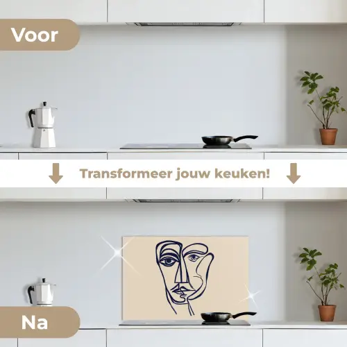 Minimalistisch - Lijnillustratie - Beige - Donkerblauw keuken achterwand spatscherm klein -voor_na_NL