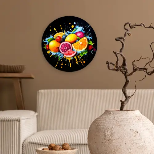 Fruit - Graffiti - Kleurrijk - Sinaasappel - Aardbei - Abstract Wandcirkel kunststof plaat 5mm dik klein -sfeer1