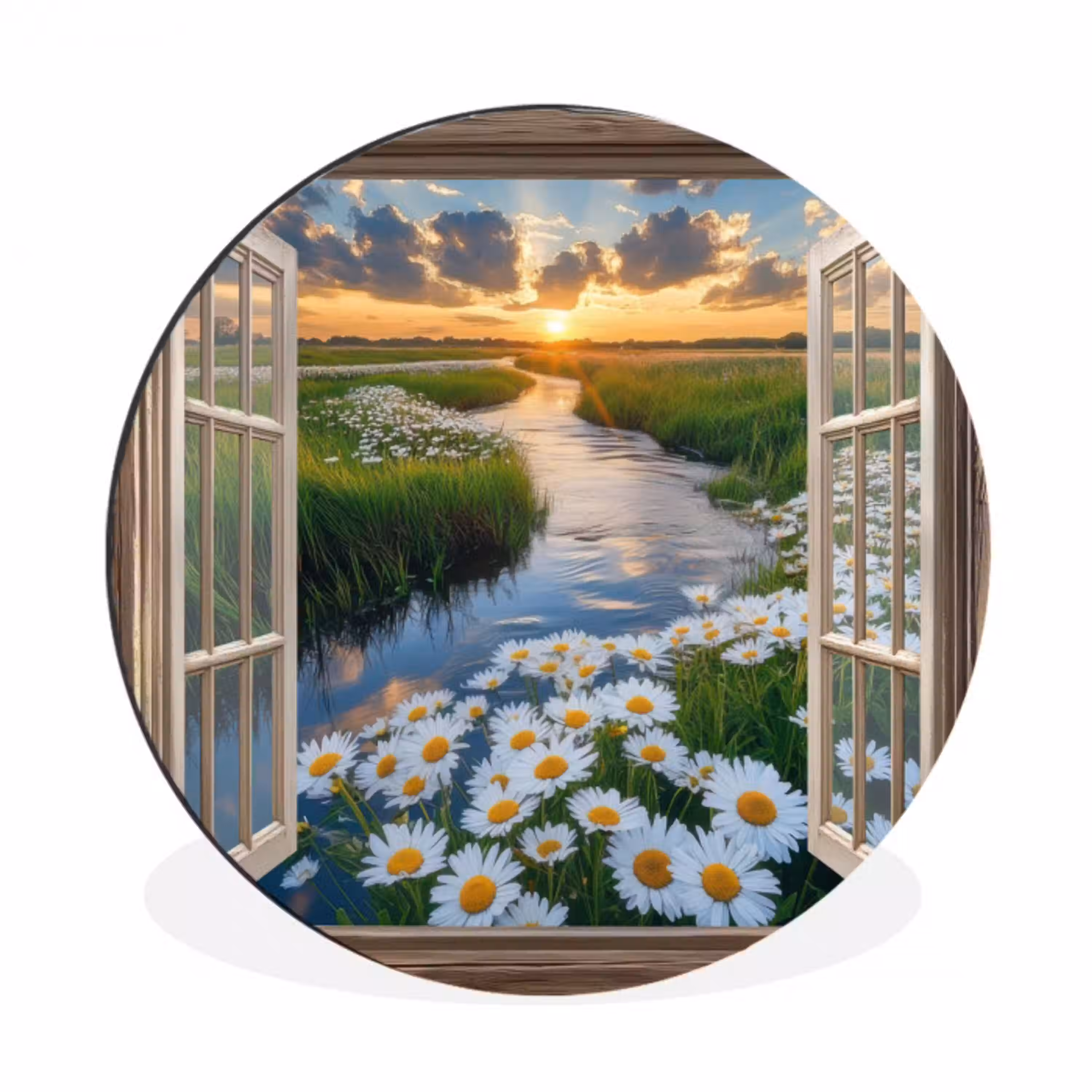 Doorkijk - Landschap - Raam - Water - Zonsondergang Wandcirkel aluminium klein -3d