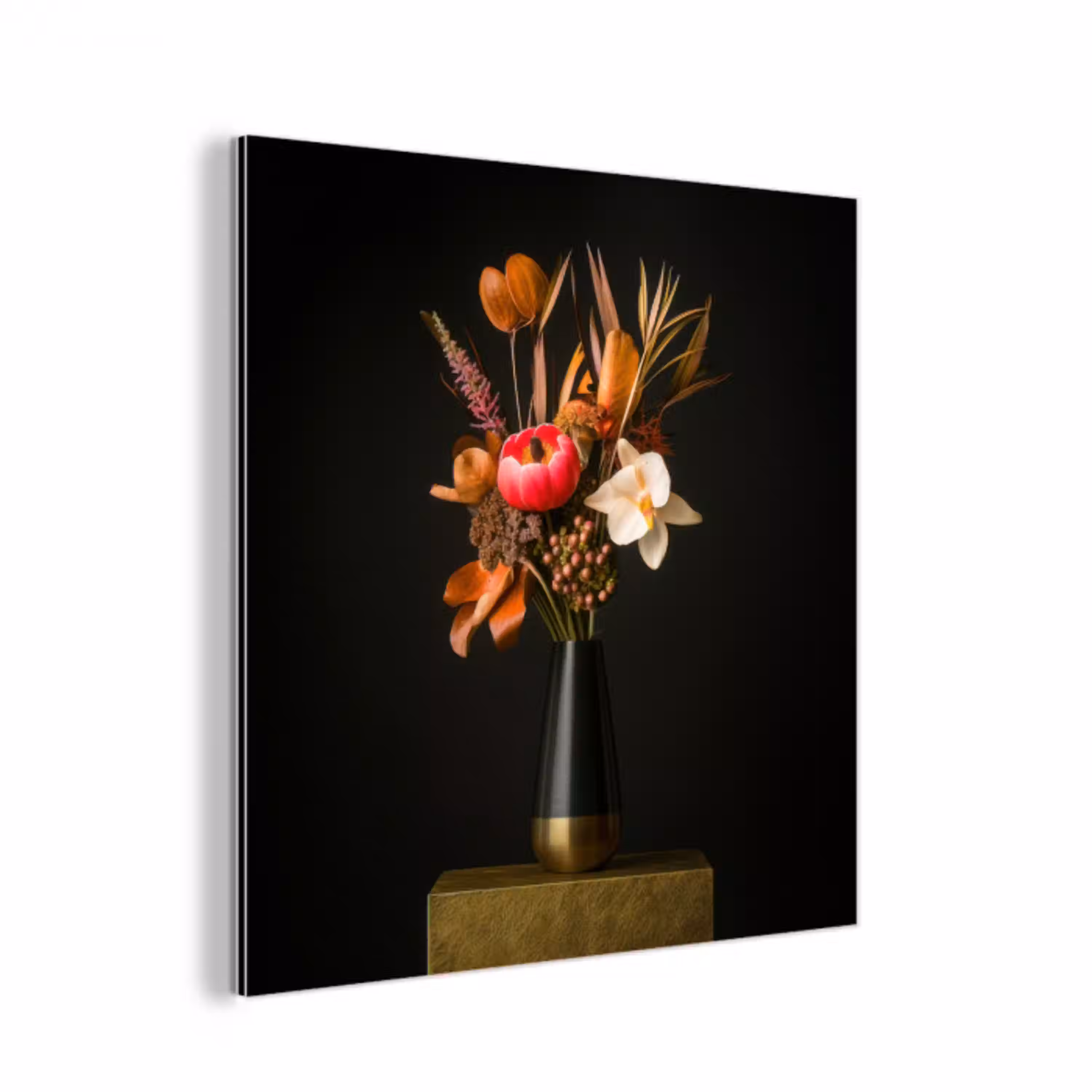 Boeket - Oranje - Gouden - vaas aluminium wit klein -3d