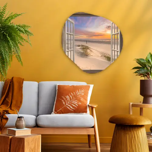 Doorkijk - Strand - Duinen - Natuur - Landschap Wandcirkel Organisch Plexiglas middel -sfeer4