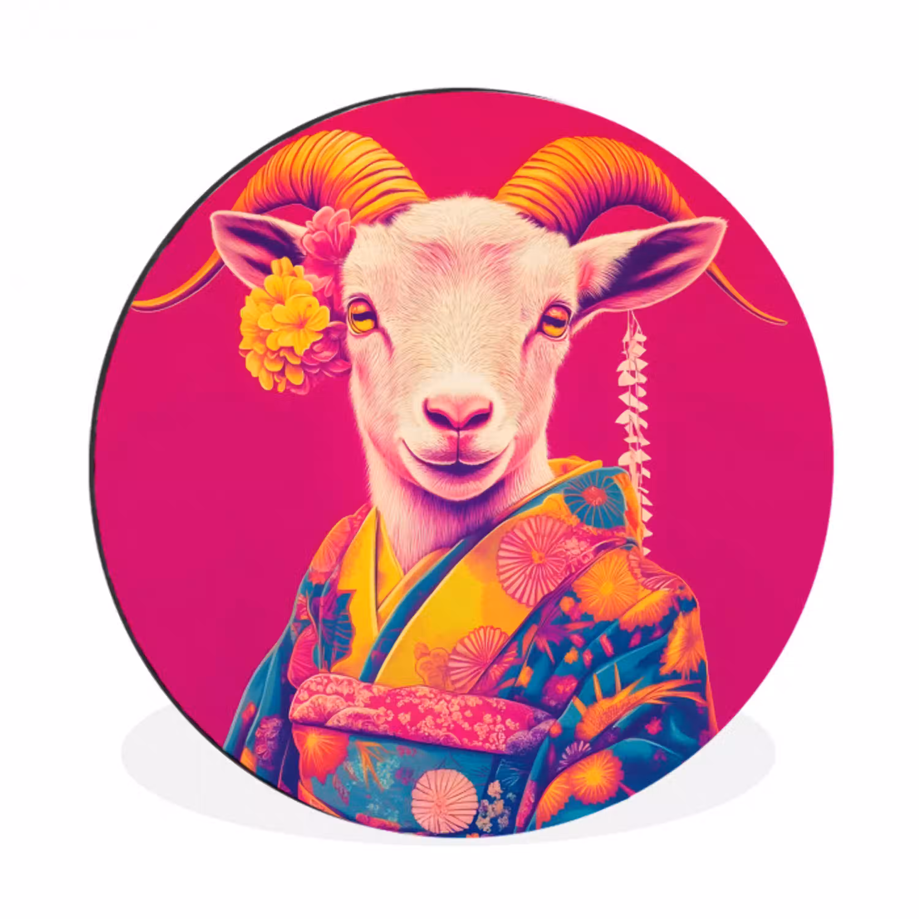 Geit - Hoorns - Kimono - Kleurrijk Wandcirkel aluminium klein -3d