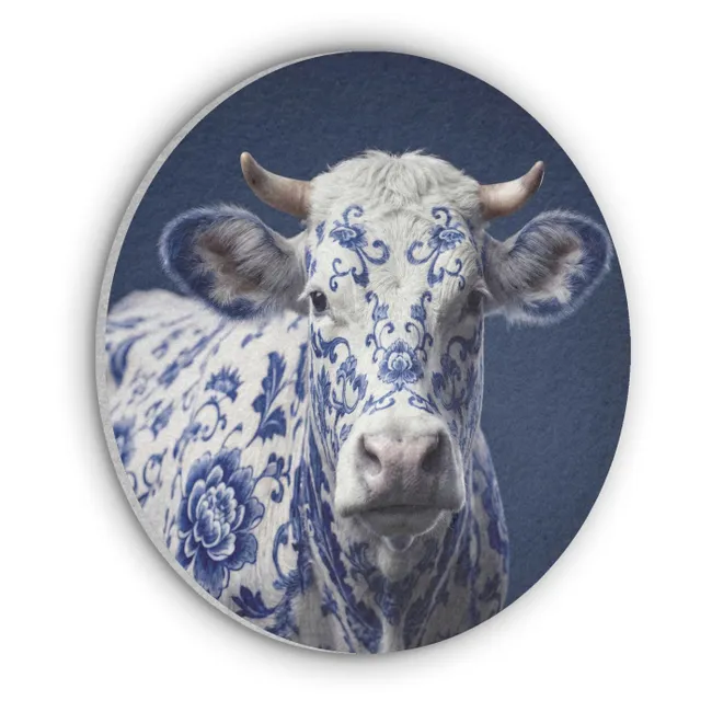 Akoestisch schilderij rond - Koe - Delfts - Blauw - Artistiek