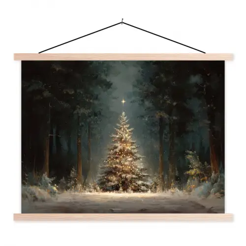 Kerstboom - Bos - Sneeuw - meerkleurig textielposter latten blank klein -3d